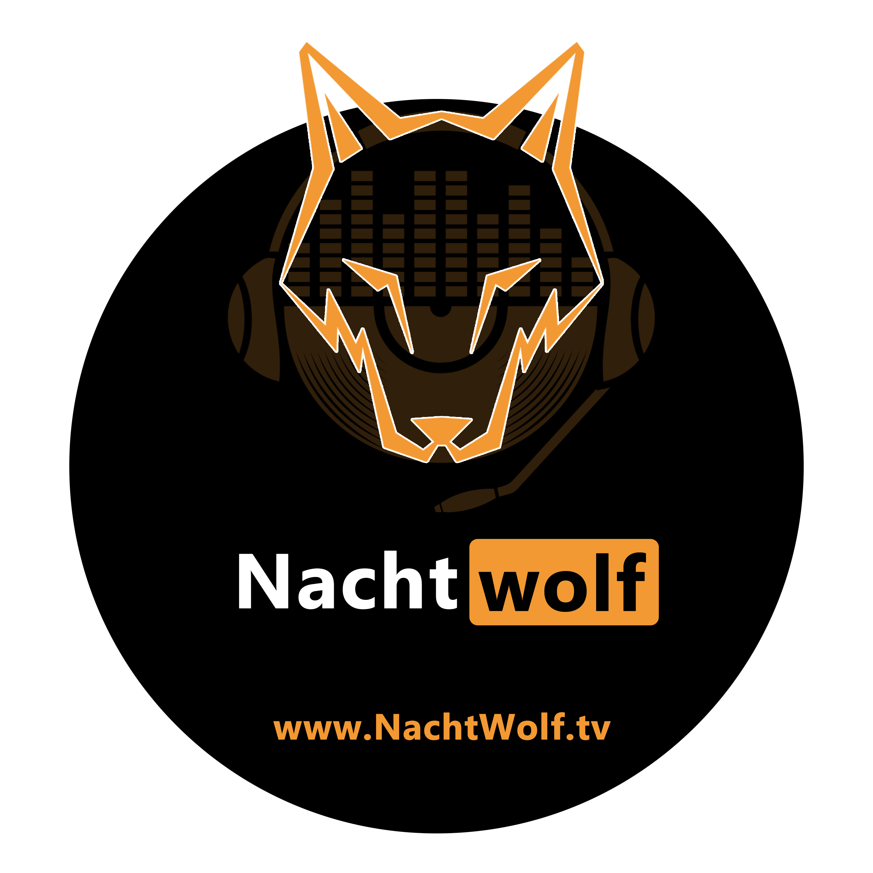 Nachtwolf: Wolfskopf mit Mikrofon und Kopfhörern
