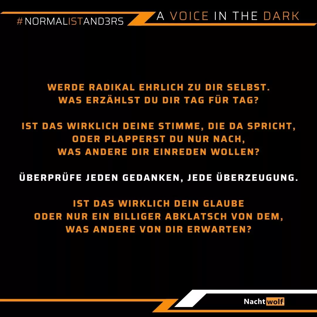Werde radikal ehrlich zu dir selbst. Was erzählst du dir Tag für Tag? Ist das wirklich deine Stimme, die da spricht, oder plapperst du nur nach, was andere dir einreden wollen? Überprüfe jeden Gedanken, jede Überzeugung. Ist das wirklich DEIN Glaube oder nur ein billiger Abklatsch von dem, was andere von dir erwarten?